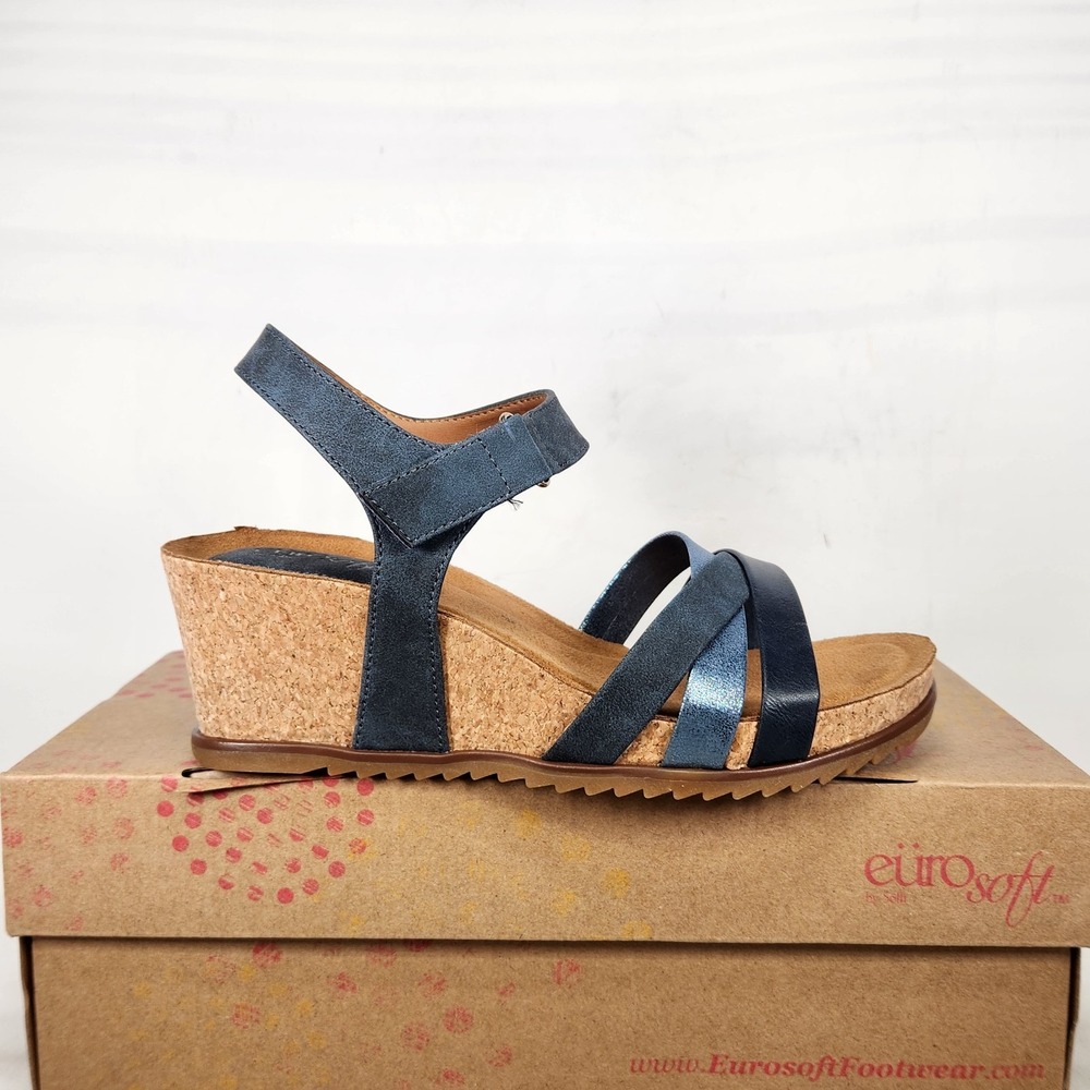 Eurosoft Talia Wedge Sandal Women Size 8 Navy Blue Strappy Metallic Cork Heel
